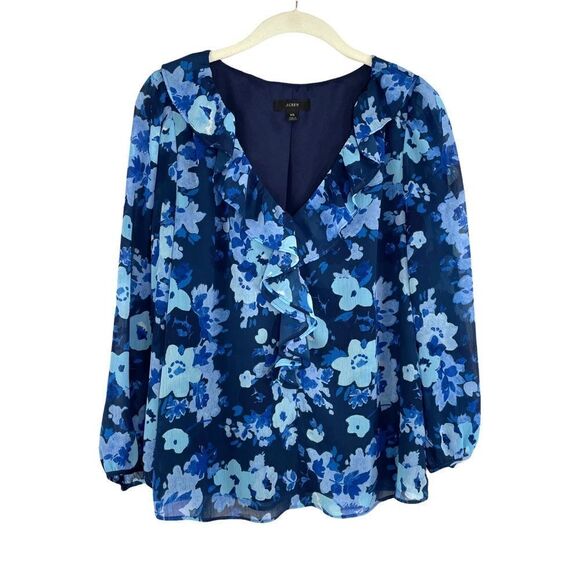 J. Crew Tops - J. Crew floral ruffle v neck blouse‎ top Sz XS Blue